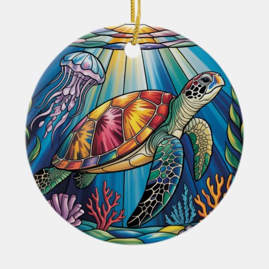 Vibrant Stained Glass Sea Turtle Ocean Design Keramisch Ornament (Voorkant)