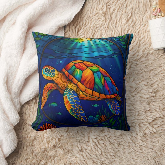Vibrant Stained Glass Sea Turtle Ocean Design Kussen (Deken)