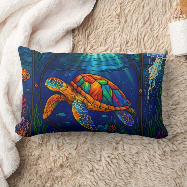 Vibrant Stained Glass Sea Turtle Ocean Design Kussen (Deken)