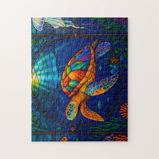 Vibrant Stained Glass Sea Turtle Ocean Design Legpuzzel (Verticaal)