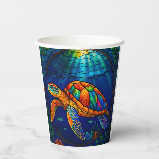 Vibrant Stained Glass Sea Turtle Ocean Design Papieren Bekers (Achterkant)