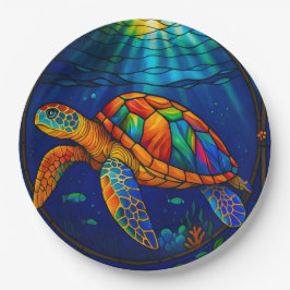 Vibrant Stained Glass Sea Turtle Ocean Design Papieren Bordje
