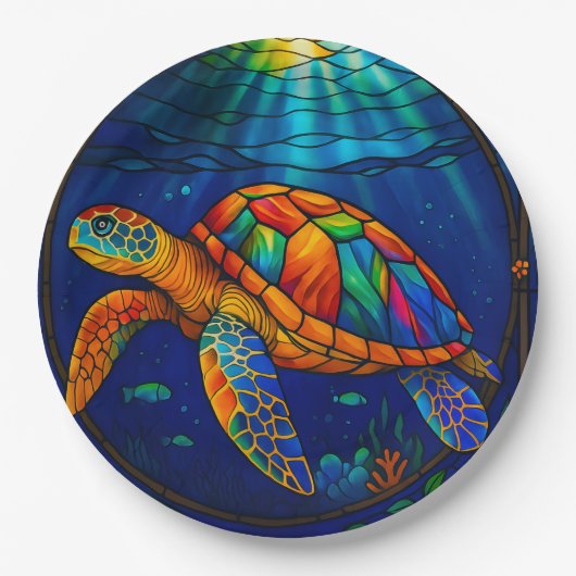 Vibrant Stained Glass Sea Turtle Ocean Design Papieren Bordje (Voorkant)