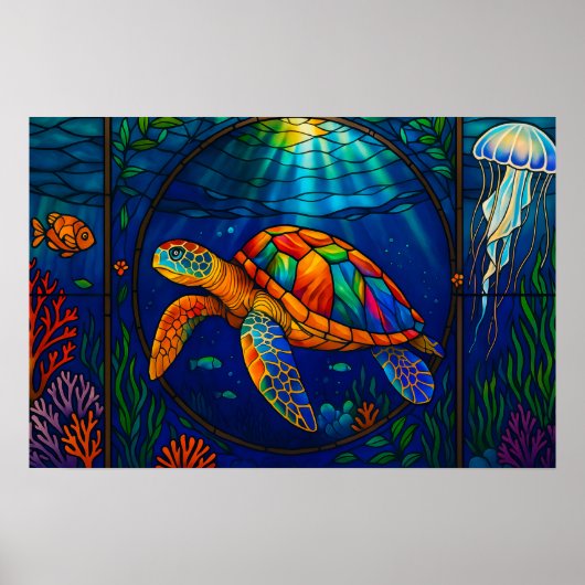 Vibrant Stained Glass Sea Turtle Ocean Design Poster (Voorkant)