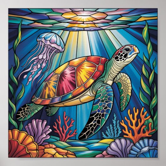 Vibrant Stained Glass Sea Turtle Ocean Design Poster (Voorkant)