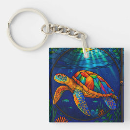 Vibrant Stained Glass Sea Turtle Ocean Design Sleutelhanger