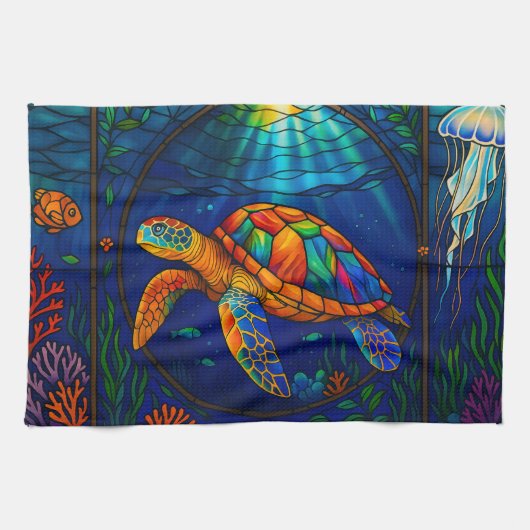 Vibrant Stained Glass Sea Turtle Ocean Design Theedoek (Horizontaal)