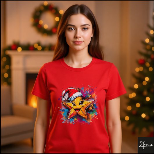 Vibrant Star Santa Hat Paint Splatter T-shirt