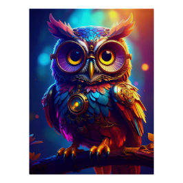 Vibrant Steampunk Owl with Goggles and Intricate Perfect Poster