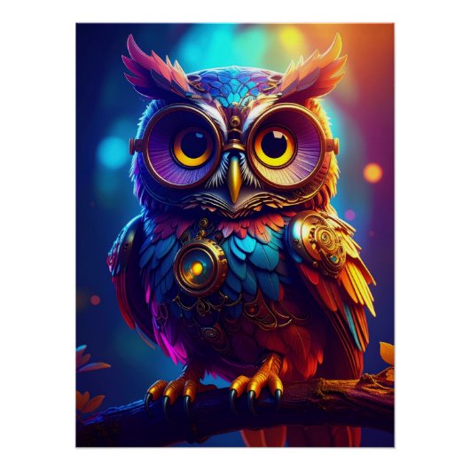 Vibrant Steampunk Owl with Goggles and Intricate Perfect Poster (Voorkant)