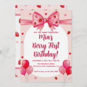 Vibrant Strawberry Coquette Bow Berry 1st Birthday Kaart (Voorkant / Achterkant)