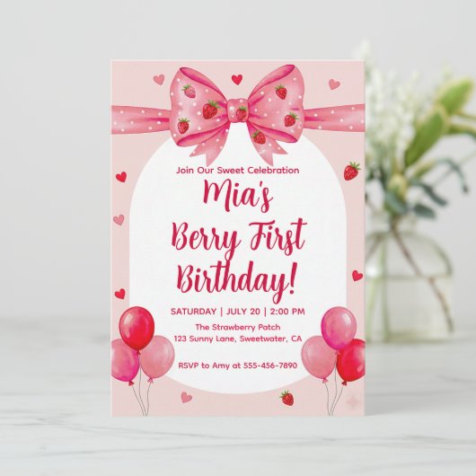 Vibrant Strawberry Coquette Bow Berry First Birthd Kaart (Staand voorkant)