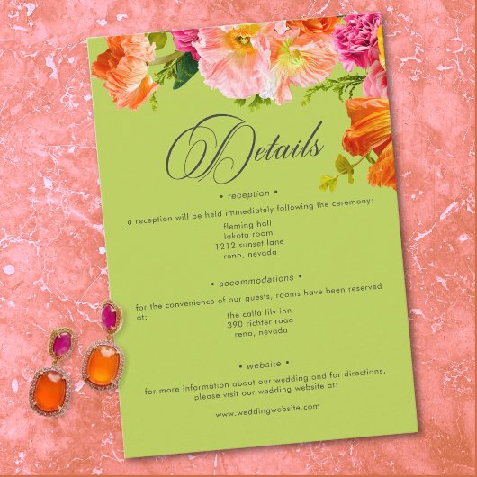 Vibrant Summer Floral Lime Orange Pink Wedding Informatiekaartje
