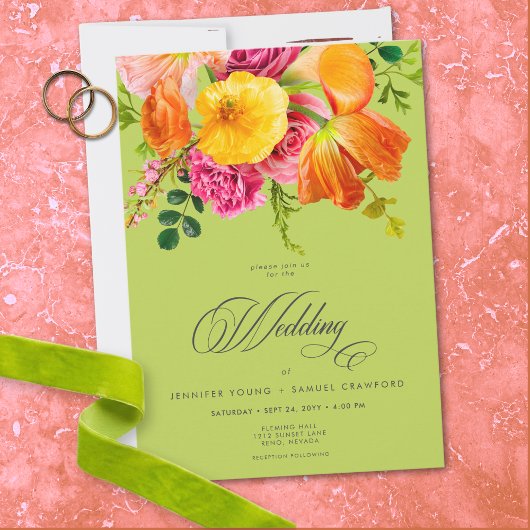 Vibrant Summer Floral Lime Orange Pink Wedding Kaart