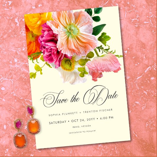 Vibrant Summer Floral Yellow Orange Pink Wedding Save The Date