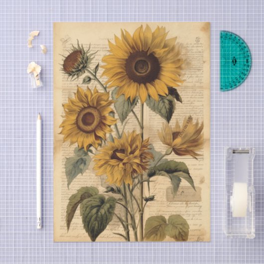 Vibrant Sunflowers and Vintage Script Tissuepapier (Craft)