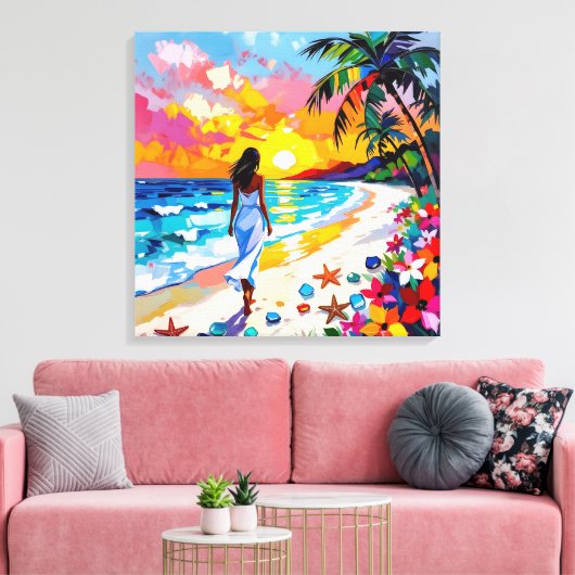 Vibrant Sunset Abstract Beach Scene Canvas Afdruk (Insitu (Woonkamer))