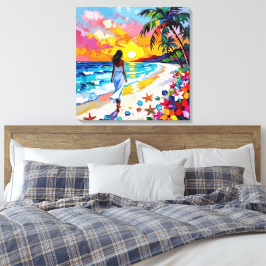 Vibrant Sunset Abstract Beach Scene Canvas Afdruk (Insitu (Slaapkamer))