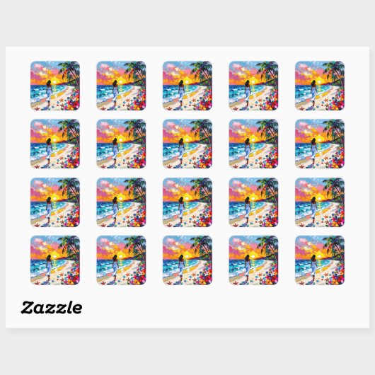 Vibrant Sunset Abstract Beach Scene Vierkante Sticker (Vel)