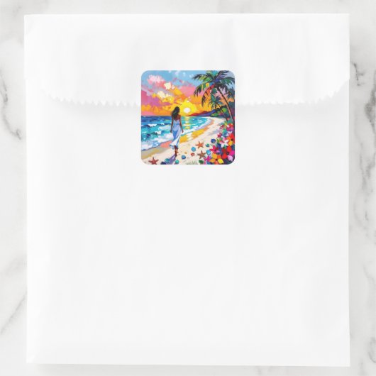 Vibrant Sunset Abstract Beach Scene Vierkante Sticker (Tas)