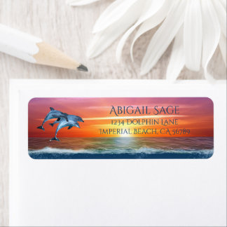 Vibrant Sunset Dolphins Jumping Ocean Address Etiket