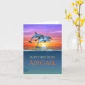 Vibrant Sunset Dolphins Jumping Ocean Birthday Kaart (Gele Bloem)