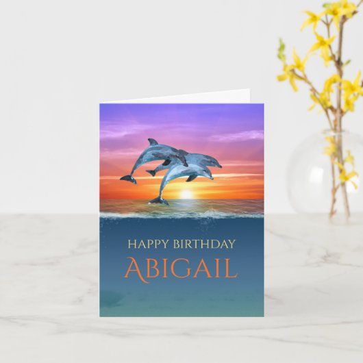 Vibrant Sunset Dolphins Jumping Ocean Birthday Kaart (Gele Bloem)
