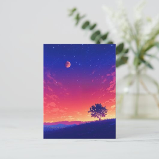Vibrant Sunset Tree and Blood Moon Briefkaart (Staand voorkant)
