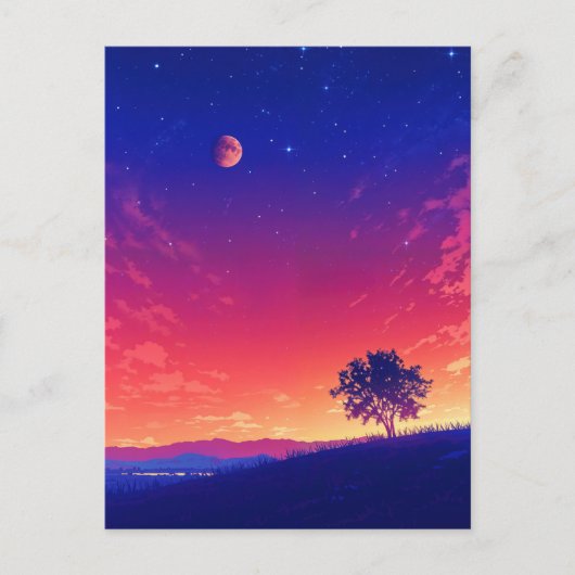 Vibrant Sunset Tree and Blood Moon Briefkaart (Voorkant)