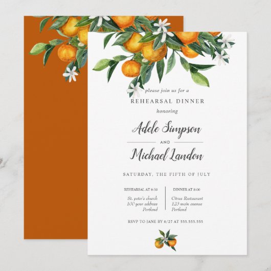 Vibrant Tangerine Oranje Citrus Rehearsal Dinner Kaart (Voorkant / Achterkant)