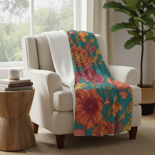 Vibrant Teal and Orange Floral Fleece Deken