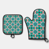 Vibrant Teal and Salmon Geometric Kaleidoscope Pat Ovenwant & Pannenlap Set (Voorkant)
