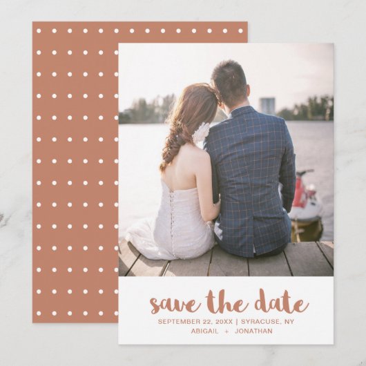 Vibrant Terracotta Oranje Polka Dot Photo Weddensc Save The Date (Voorkant / Achterkant)