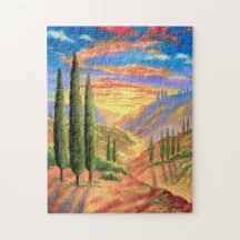Vibrant Toscane Landscape Sunset Oranje Green
