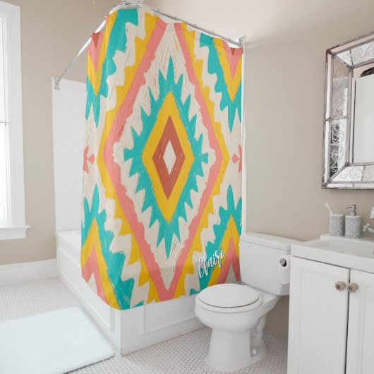 Vibrant Tribe, Bold Geometric Boho Pattern Douchegordijn (In situ)