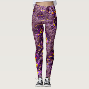 Vibrant Trippy Paars Yellow Groovy Fractal Art Leggings