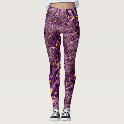 Vibrant Trippy Paars Yellow Groovy Fractal Art Leggings (Voorkant)