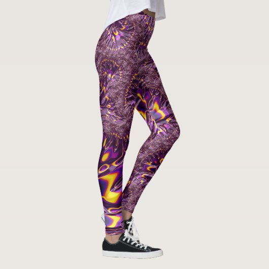 Vibrant Trippy Paars Yellow Groovy Fractal Art Leggings (Rechts)