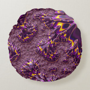 Vibrant Trippy Paars Yellow Groovy Fractal Art Rond Kussen
