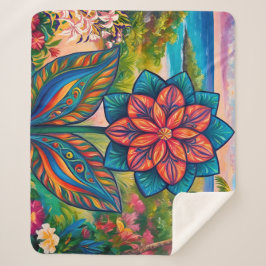 Vibrant Tropical Fantasy Flower in Paradise Sherpa Deken