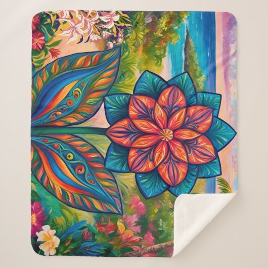 Vibrant Tropical Fantasy Flower in Paradise Sherpa Deken (Voorkant)
