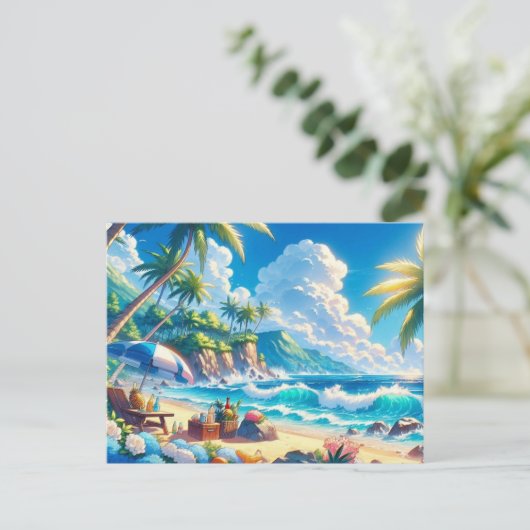 Vibrant Tropical Island Beach Waterverf Briefkaart (Staand voorkant)