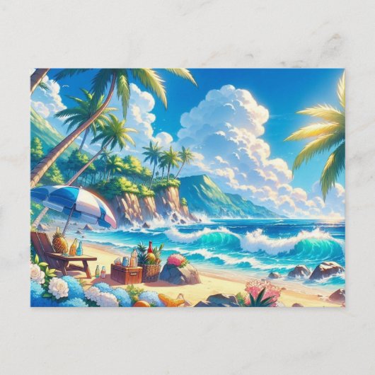 Vibrant Tropical Island Beach Waterverf Briefkaart (Voorkant)