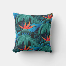 vibrant tropical leaves and orange flowers kussen