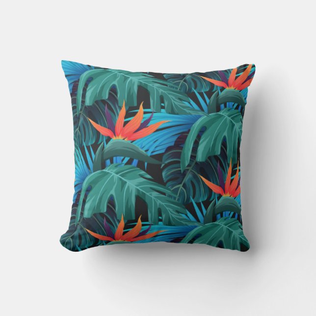 vibrant tropical leaves and orange flowers kussen (Voorkant)