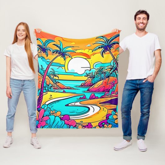 Vibrant Tropical Sunset Beach Fleece Deken (In situ)