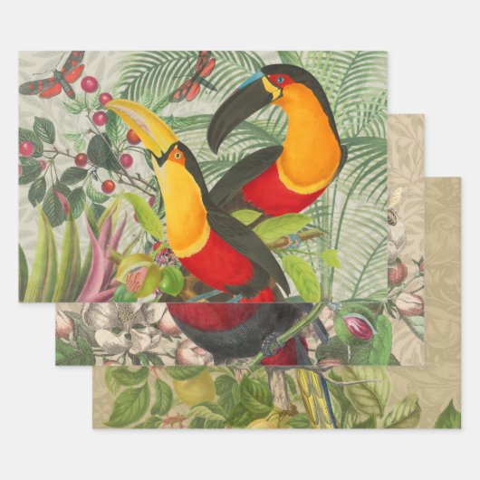 Vibrant Tropical Toucan Birds Art Exotic Oerwoud Inpakpapier Vel (Set)