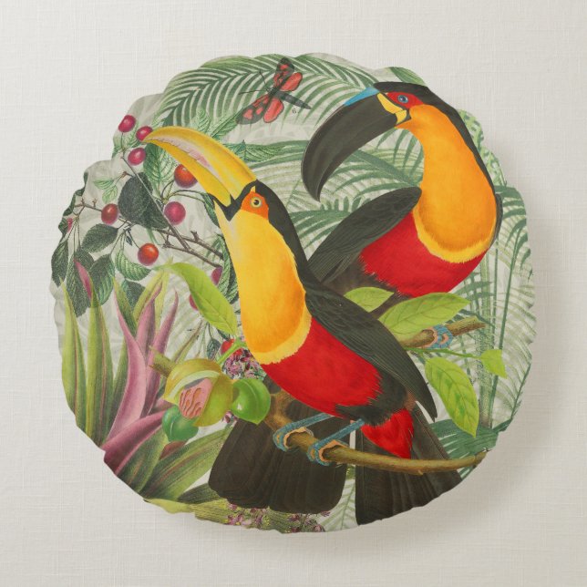 Vibrant Tropical Toucan Birds Art Exotic Oerwoud Rond Kussen (Voorkant)