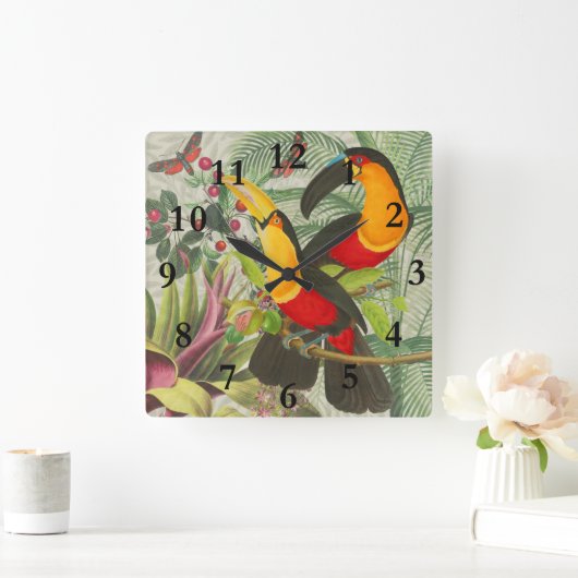 Vibrant Tropical Toucan Birds Art Exotic Oerwoud Vierkante Klok (Huis)