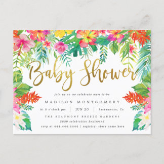 Vibrant Tropisch Hibiscus Foliage Gold Baby shower Uitnodiging Briefkaart